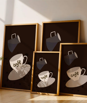 Taza de café minimalista con jarra vertiendo sobre fondo oscuro