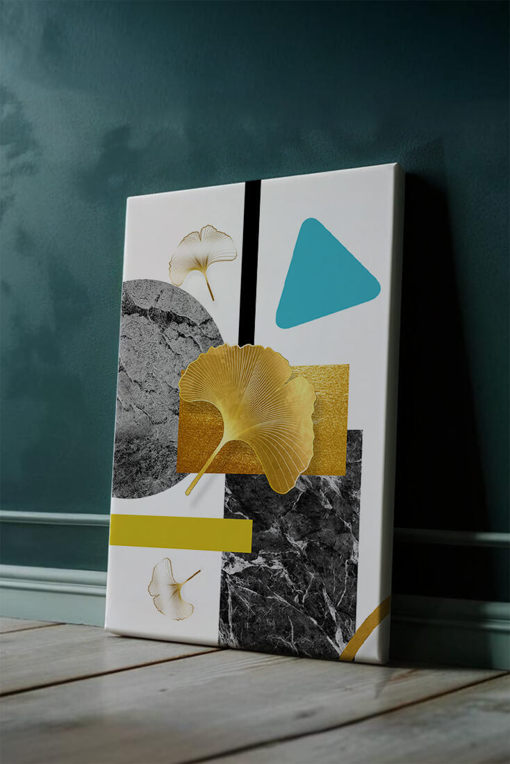 Geometric Abstract Composition with Gold Ginkgo Leaves