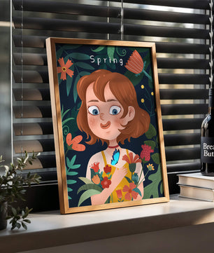 Ilustración primaveral encantadora con flores y mariposa