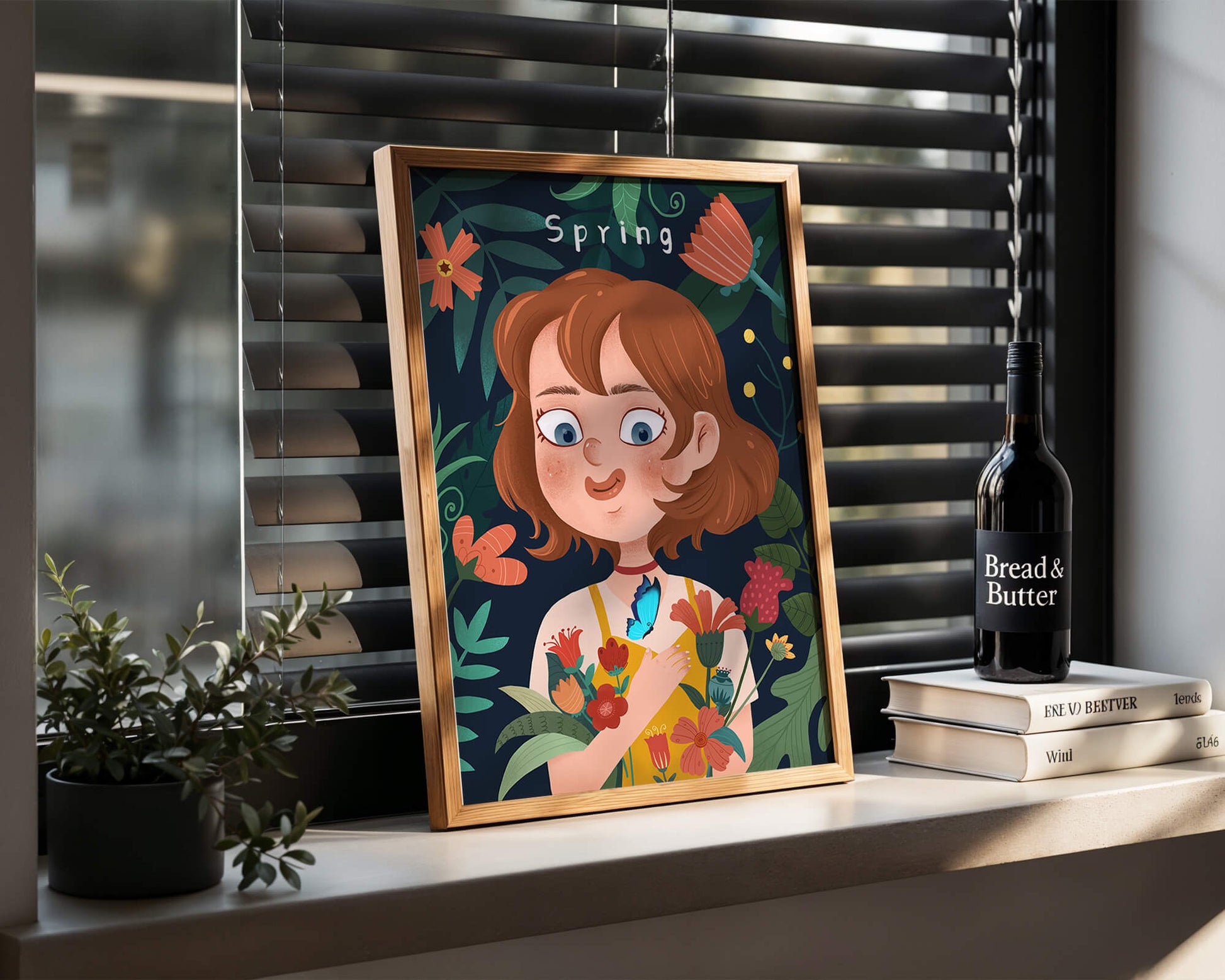 Ilustración primaveral encantadora con flores y mariposa