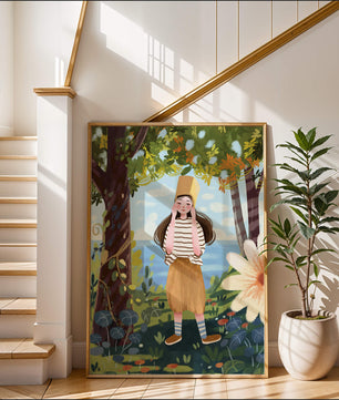 Whimsical Illustration of a Girl in Nature with Golden Hat