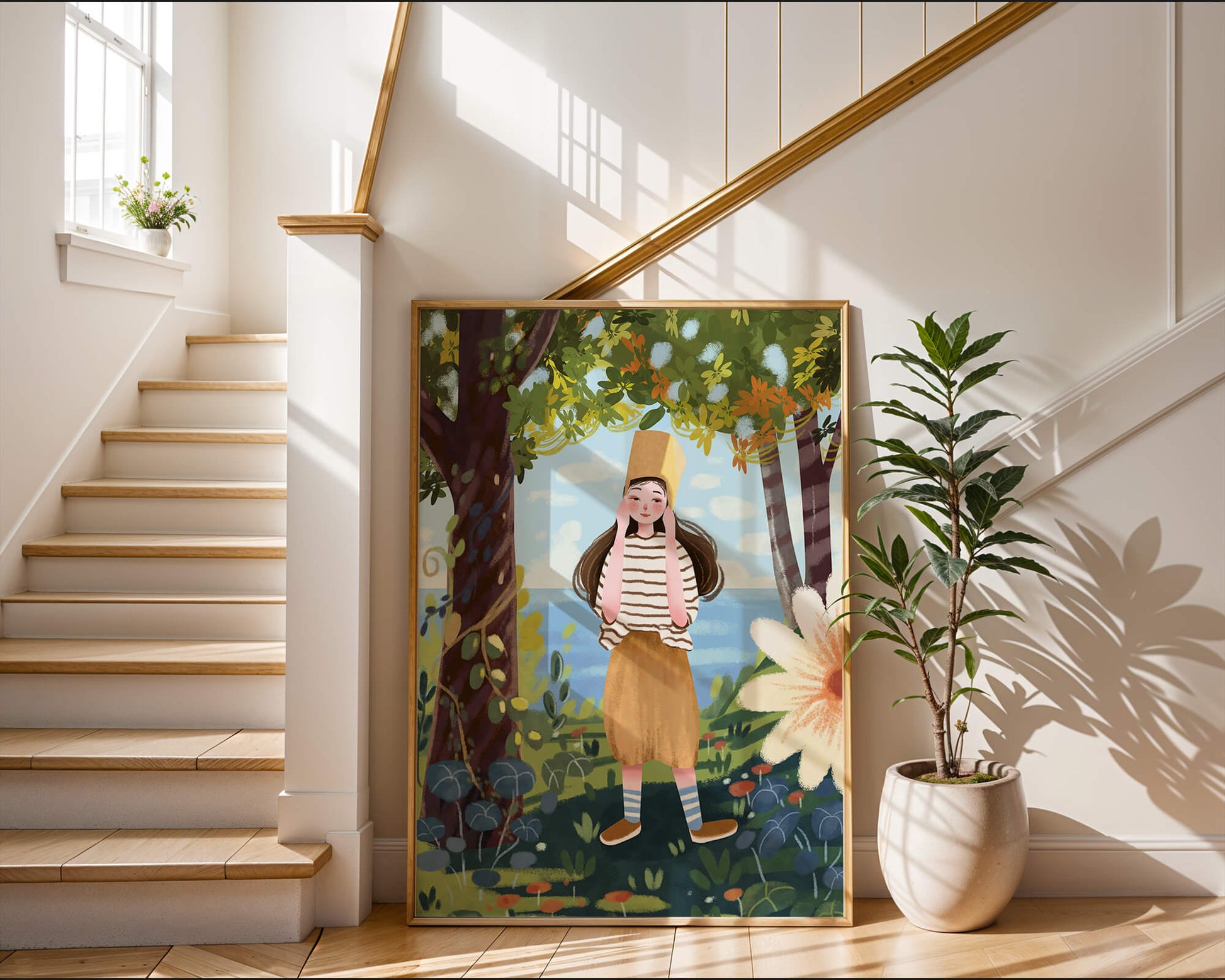 Whimsical Illustration of a Girl in Nature with Golden Hat