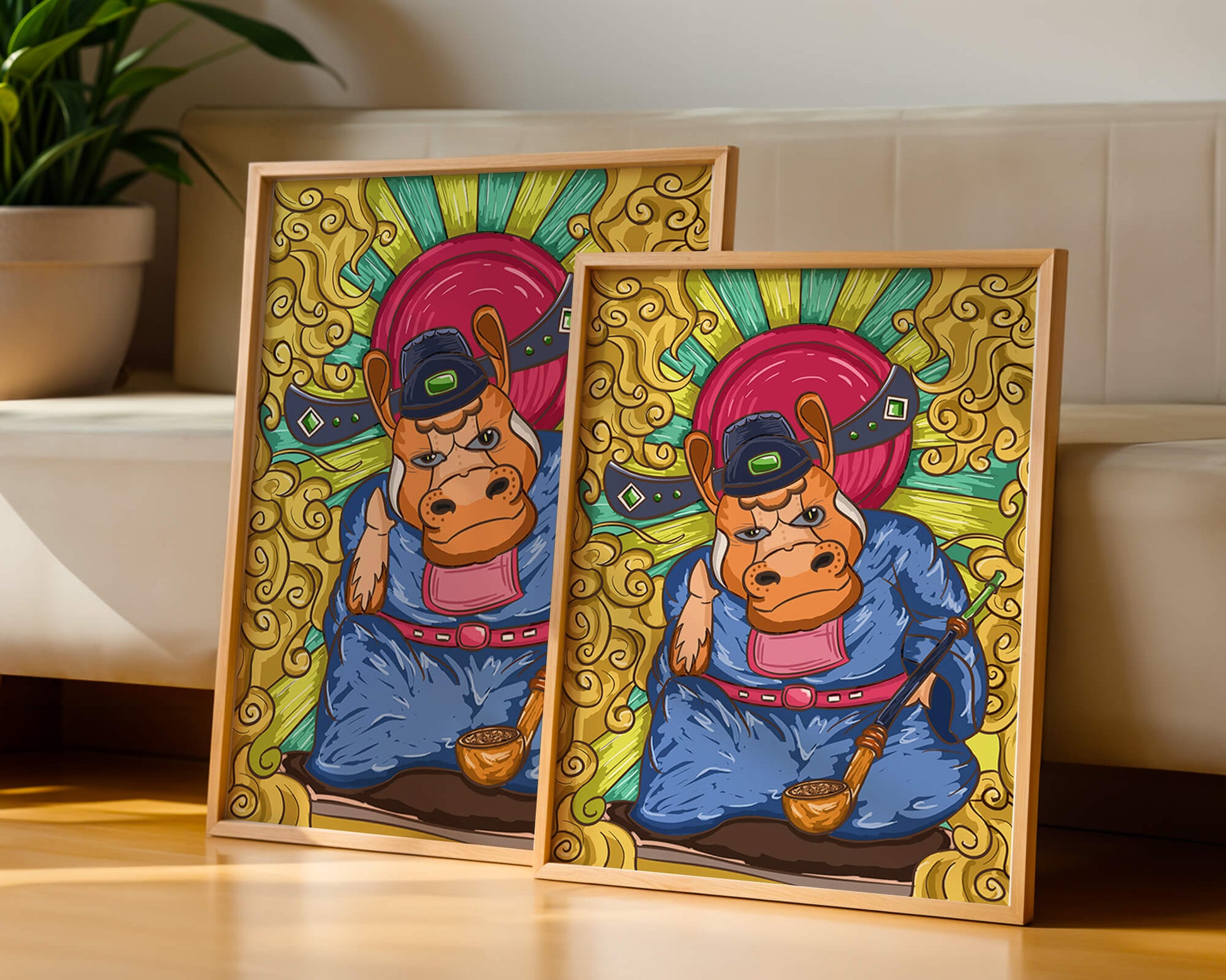 Traducción al español: Ilustración colorida de un personaje animal caprichoso con decoraciones ornamentadas a su alrededor.