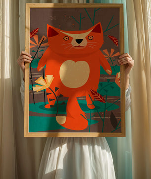 Illustration Of A Cute Orange Cat Surrounded By Stylized Trees And Plants