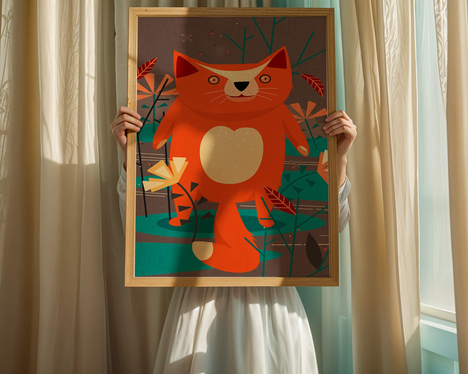 Illustration Of A Cute Orange Cat Surrounded By Stylized Trees And Plants