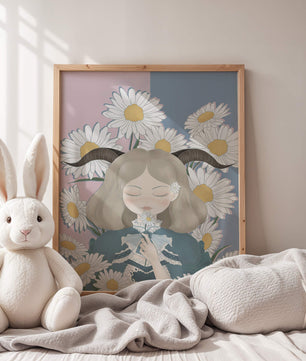 Ilustración de una niña con margaritas y cuernos sobre un fondo pastel