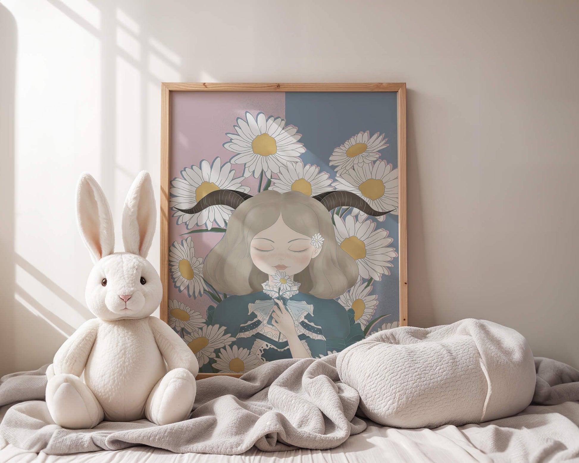 Illustration of girl with daisies and horns on a pastel background