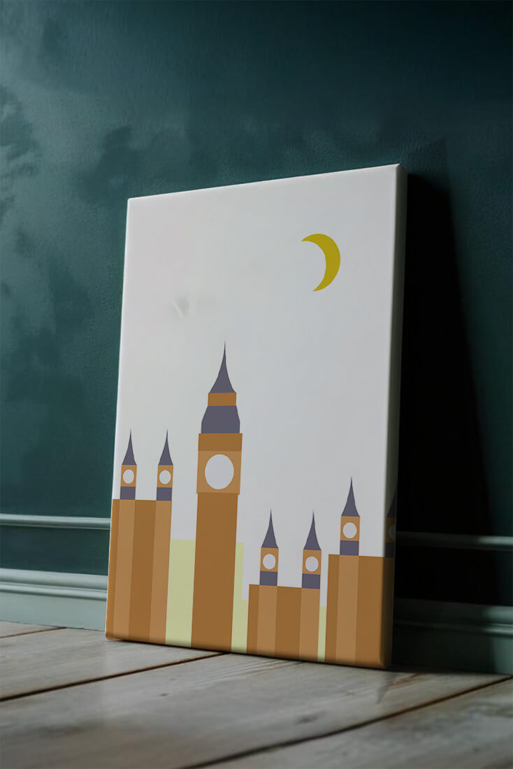 Minimalist illustration of iconic clock tower with crescent moon
