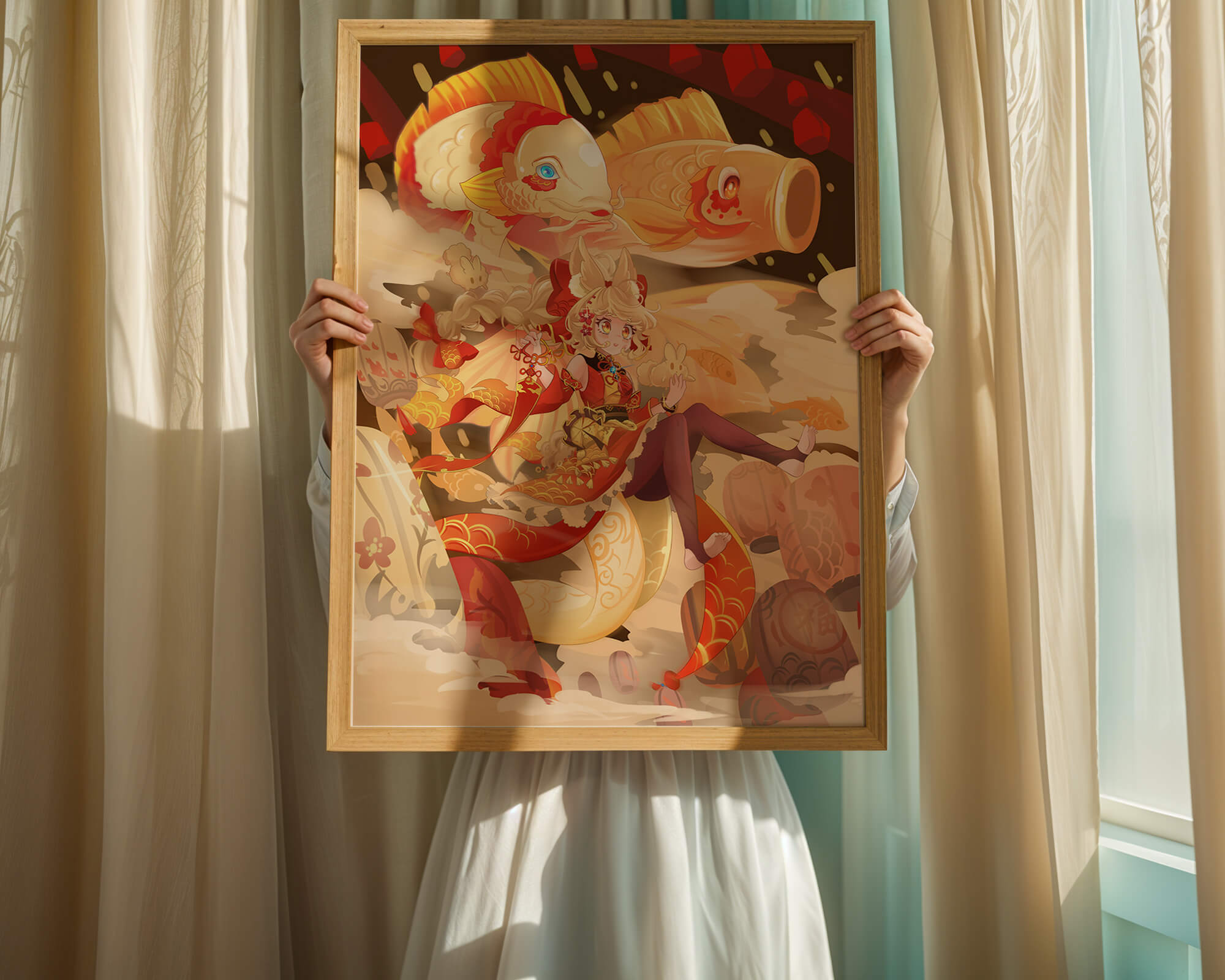 Vibrant anime character with mythical koi fishes and lanterns in dynamic scene