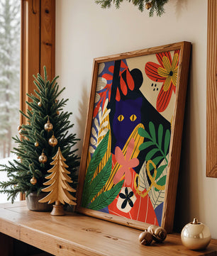 Ilustración abstracta colorida con un gato y patrones florales