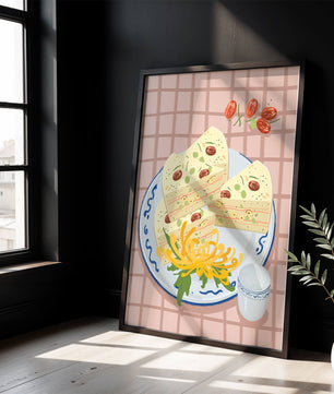 Illustration of layered cake on patterned plate with flowers and a cup