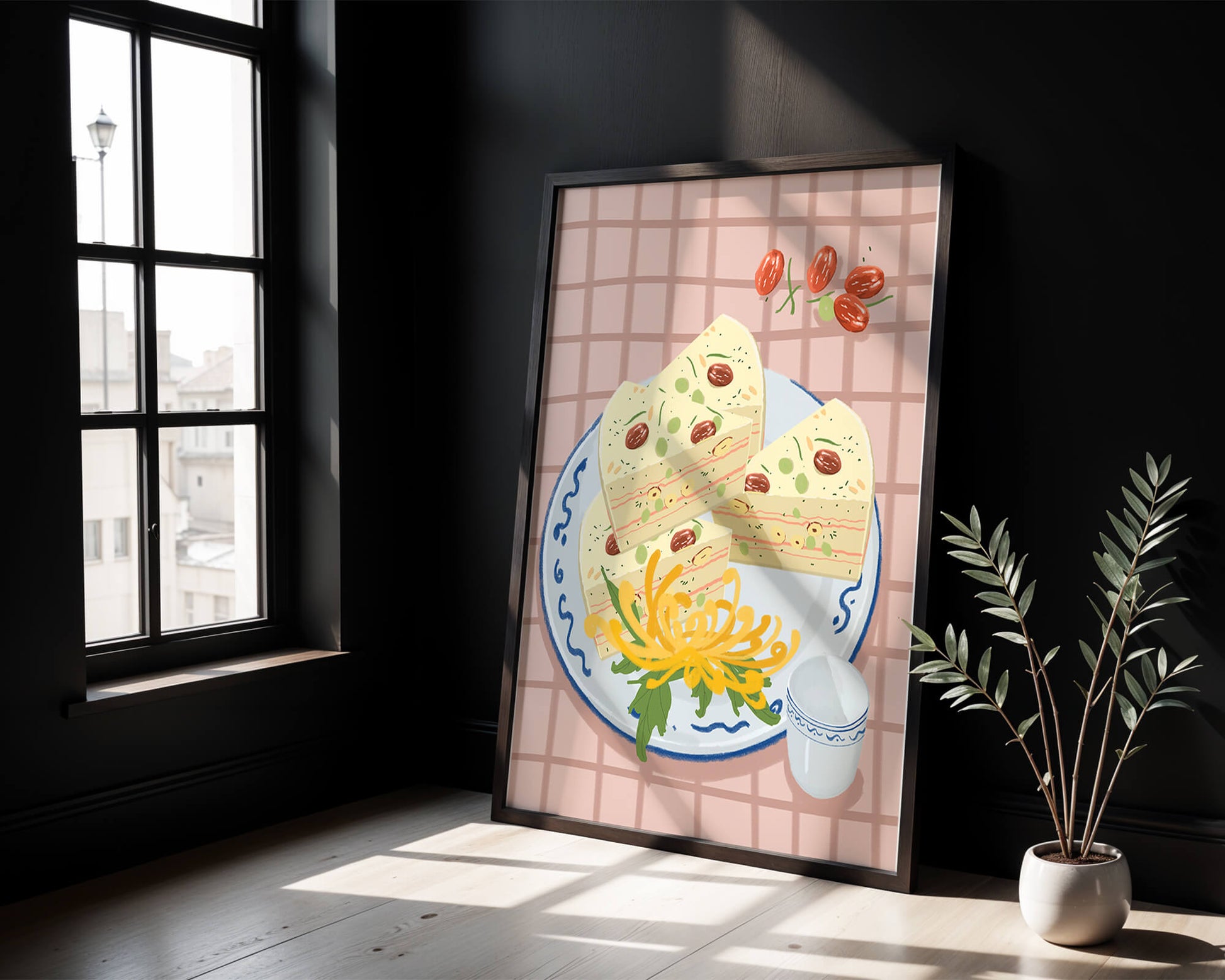 Illustration of layered cake on patterned plate with flowers and a cup