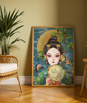 Elegante representación de una mujer con atuendo tradicional sosteniendo un abanico decorativo