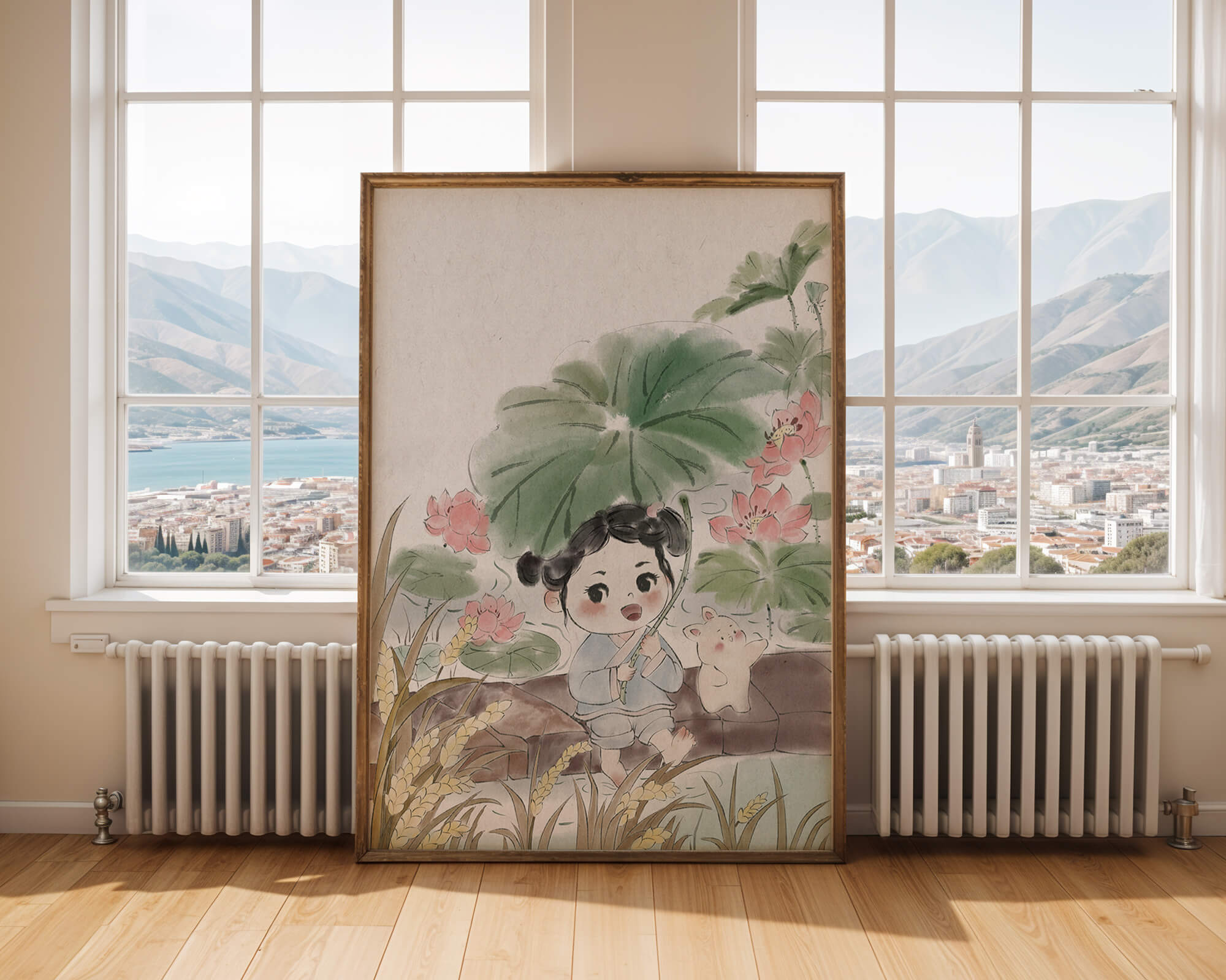Charming illustration of a child with flowers and a bunny by the water