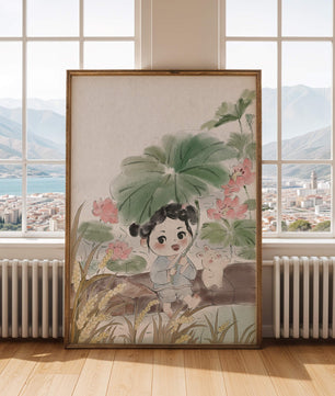 Charming illustration of a child with flowers and a bunny by the water