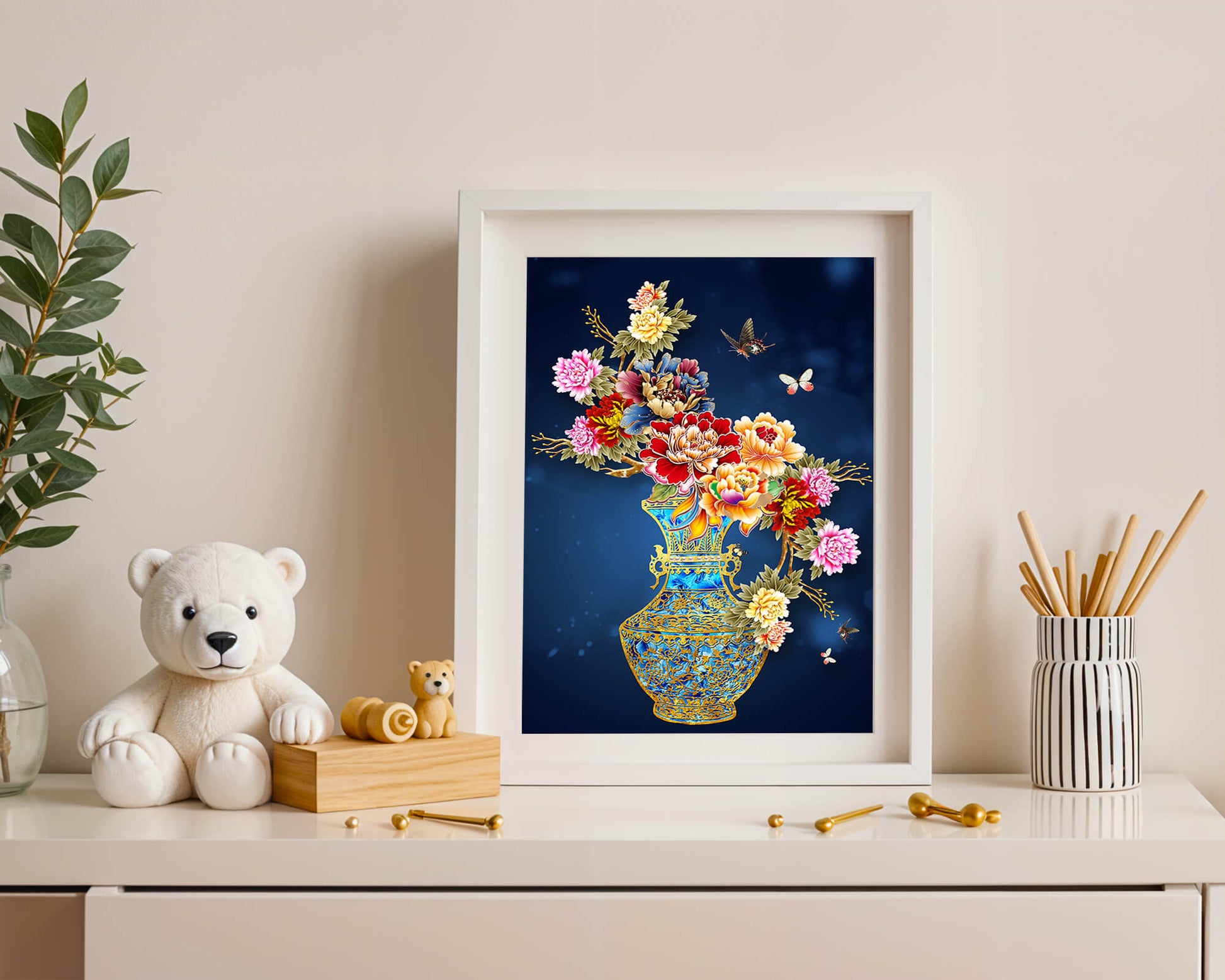 Elegant floral arrangement in ornate gold-accented vase with butterflies