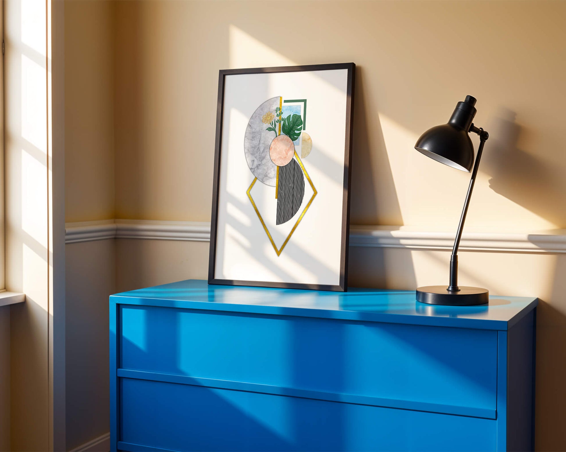 Abstract geometric art with floral and gold accents