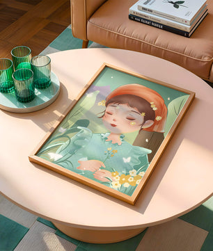 Ilustración serena de una chica en la naturaleza con flores y mariposas