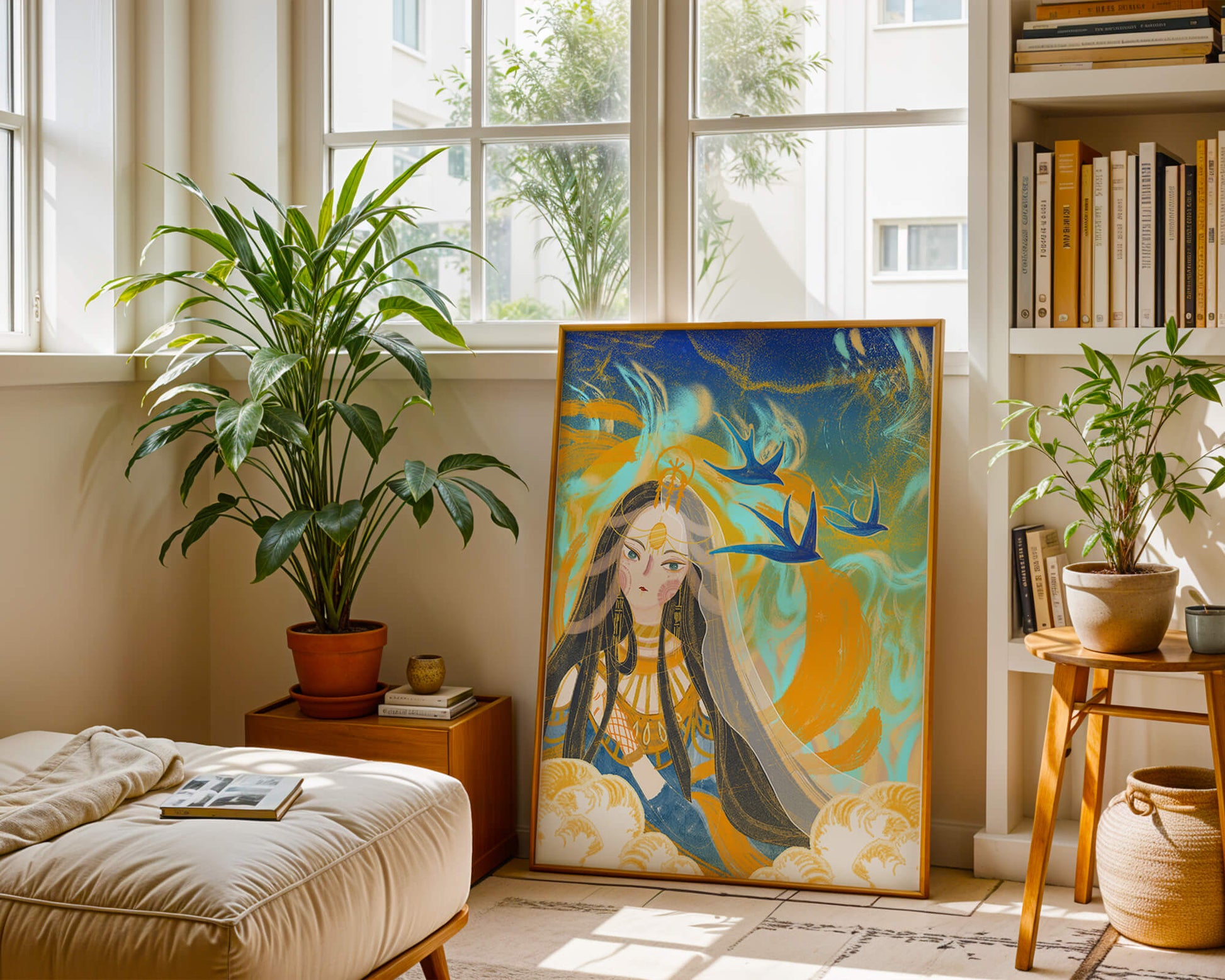 Majestic Goddess with Birds and Golden Elements in Mystical Setting
