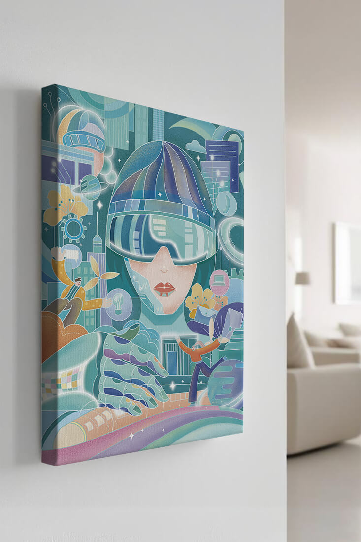 Futuristic digital art with virtual reality and technology themes