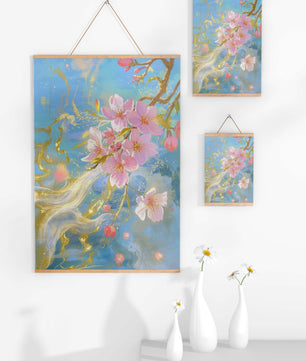 Beautiful Cherry Blossom Branch with Golden Highlights on a Soft Blue Background - Mi tienda