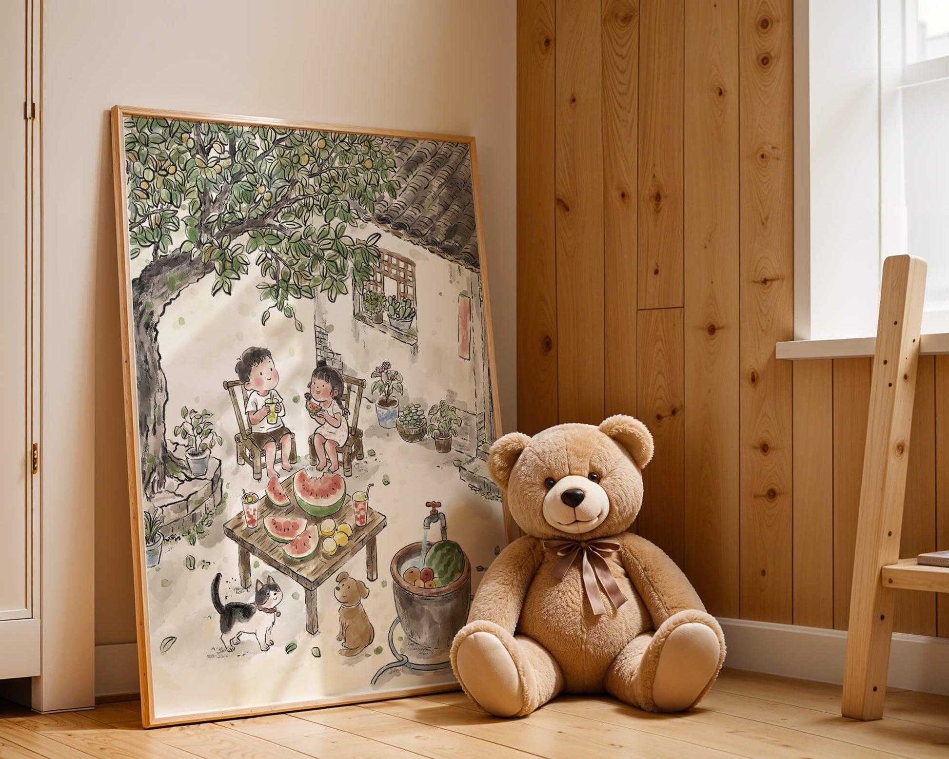 Encuentro acogedor en el patio trasero de verano con sandía y mascotas