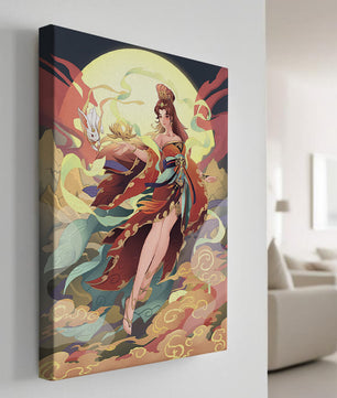 An enchanting depiction of a celestial figure with a mystical rabbit and vibrant attire