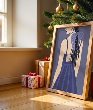 Stilvolle Illustration einer Frau mit gepunkteter Schleife und blauem Kleid