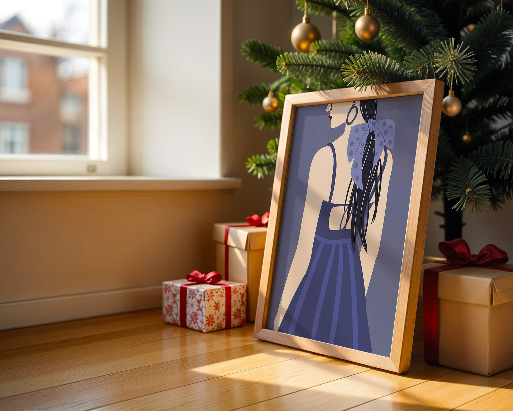 Stilvolle Illustration einer Frau mit gepunkteter Schleife und blauem Kleid