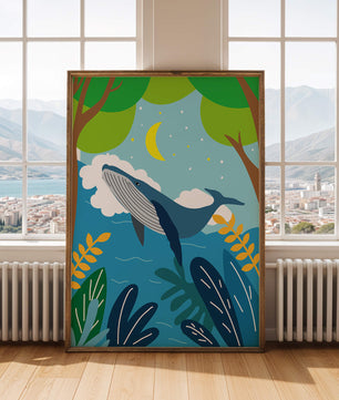 Illustration eines Wals in einer farbenfrohen Waldszene mit Mond und Pflanzen