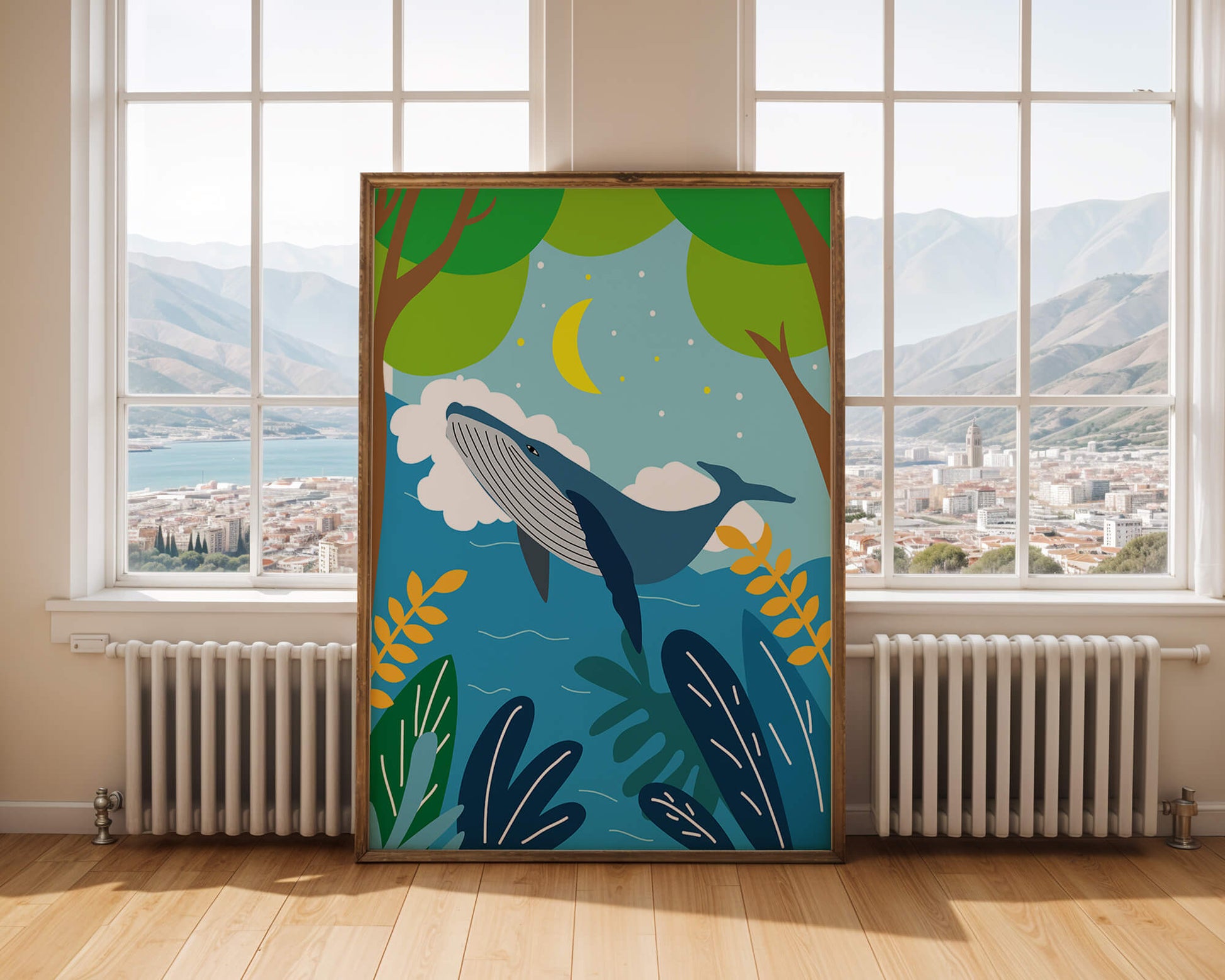 Illustration of a whale in a colorful forest scene with moon and plants