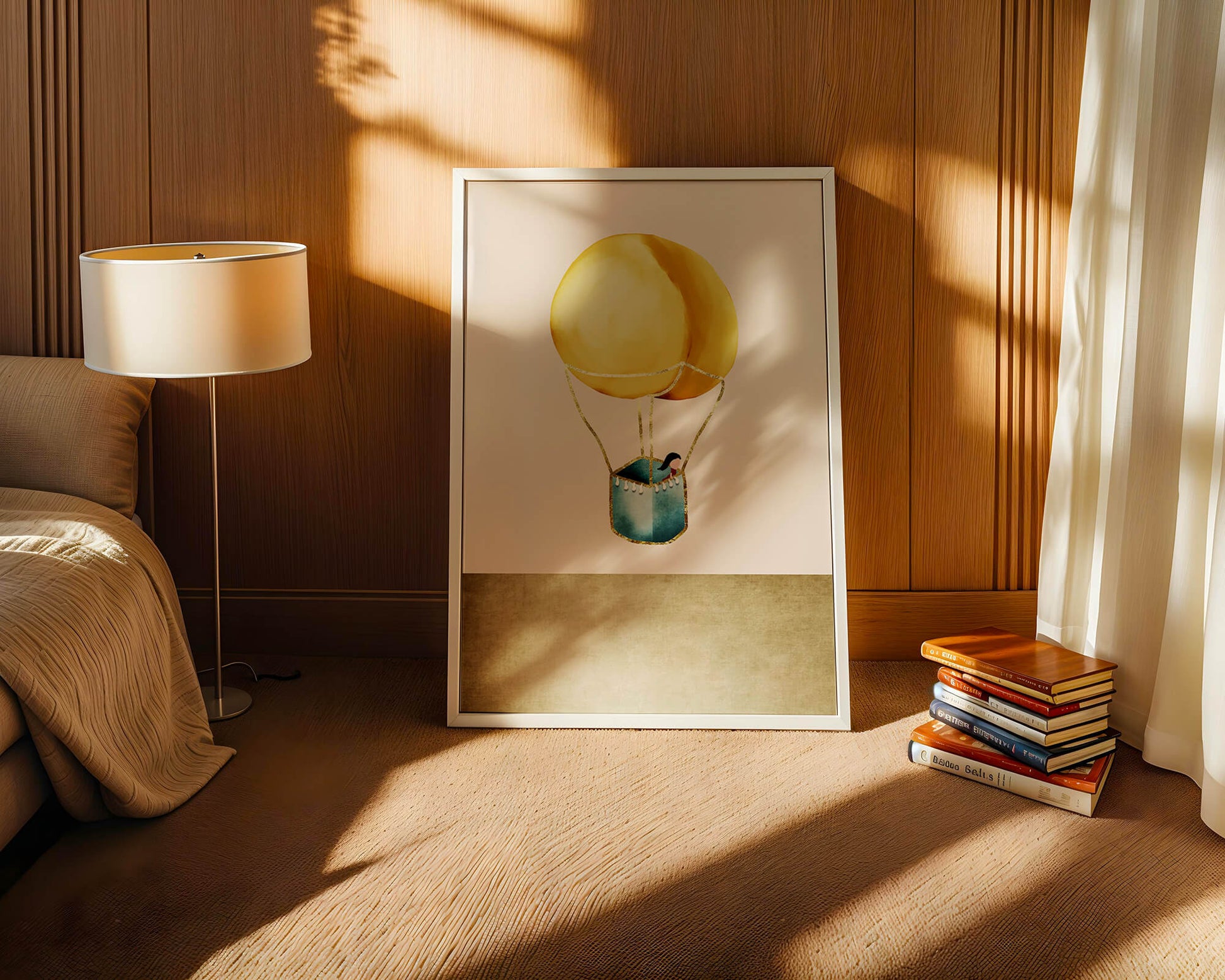 Charming Hot Air Balloon Illustration with Golden Accents