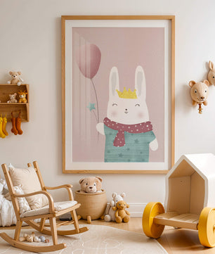 Ilustración adorable de un conejo con globo rosa y corona dorada