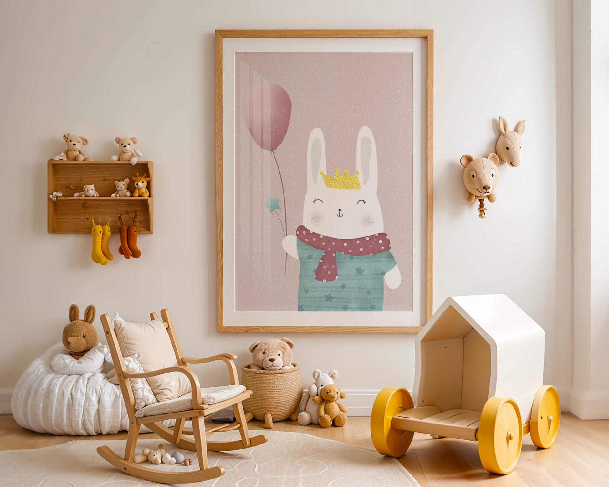 Adorable ilustración de conejito con globo rosa y corona dorada.