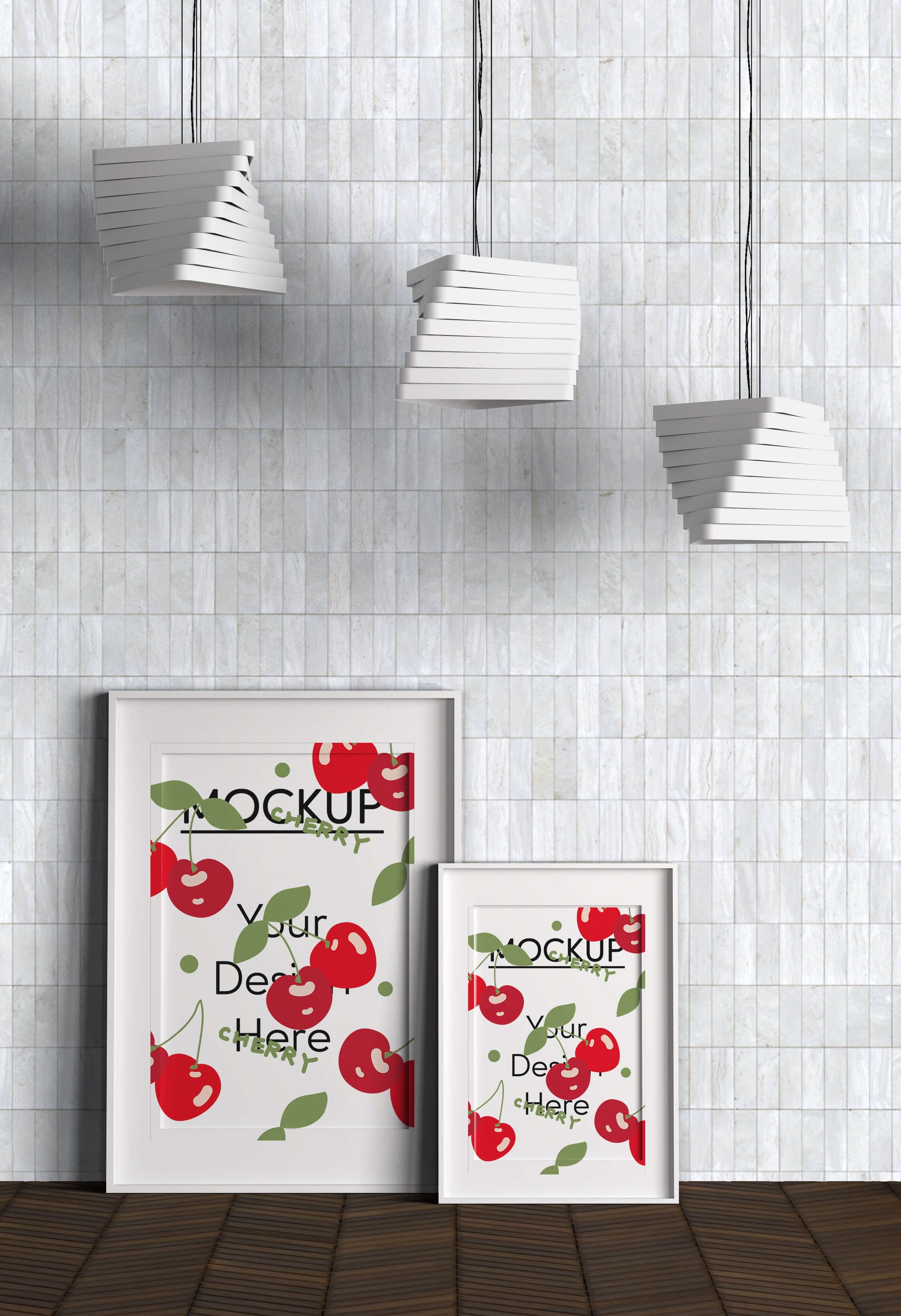 Cherry pattern on black background with green leaves