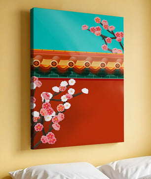 Arquitectura asiática tradicional con cerezos en flor