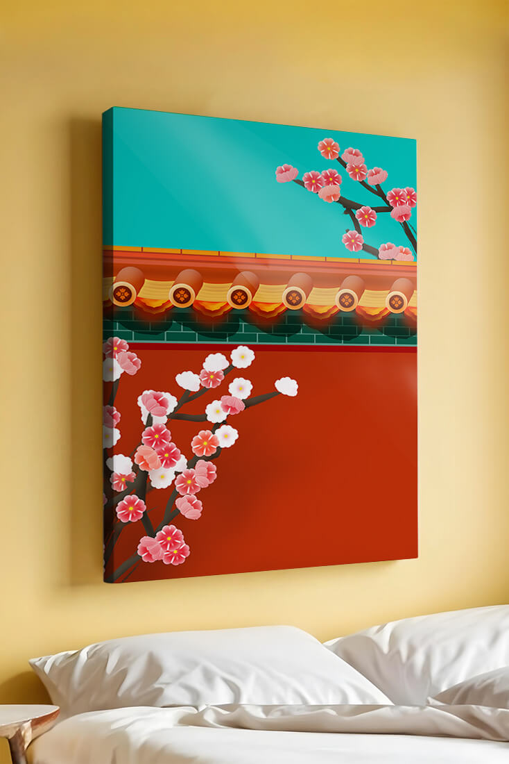 Traditional Asian architecture with cherry blossoms