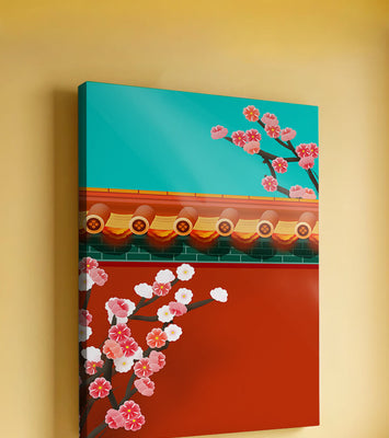 Traditional Asian architecture with cherry blossoms