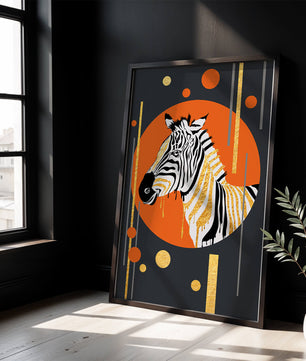 Arte moderno de cebra con acentos dorados sobre fondo abstracto