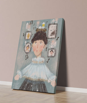 Retrato ilustrado caprichoso con elementos musicales y dorados