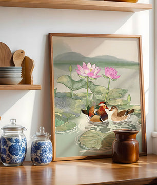 Patos mandarines y flores de loto en un estanque tranquilo