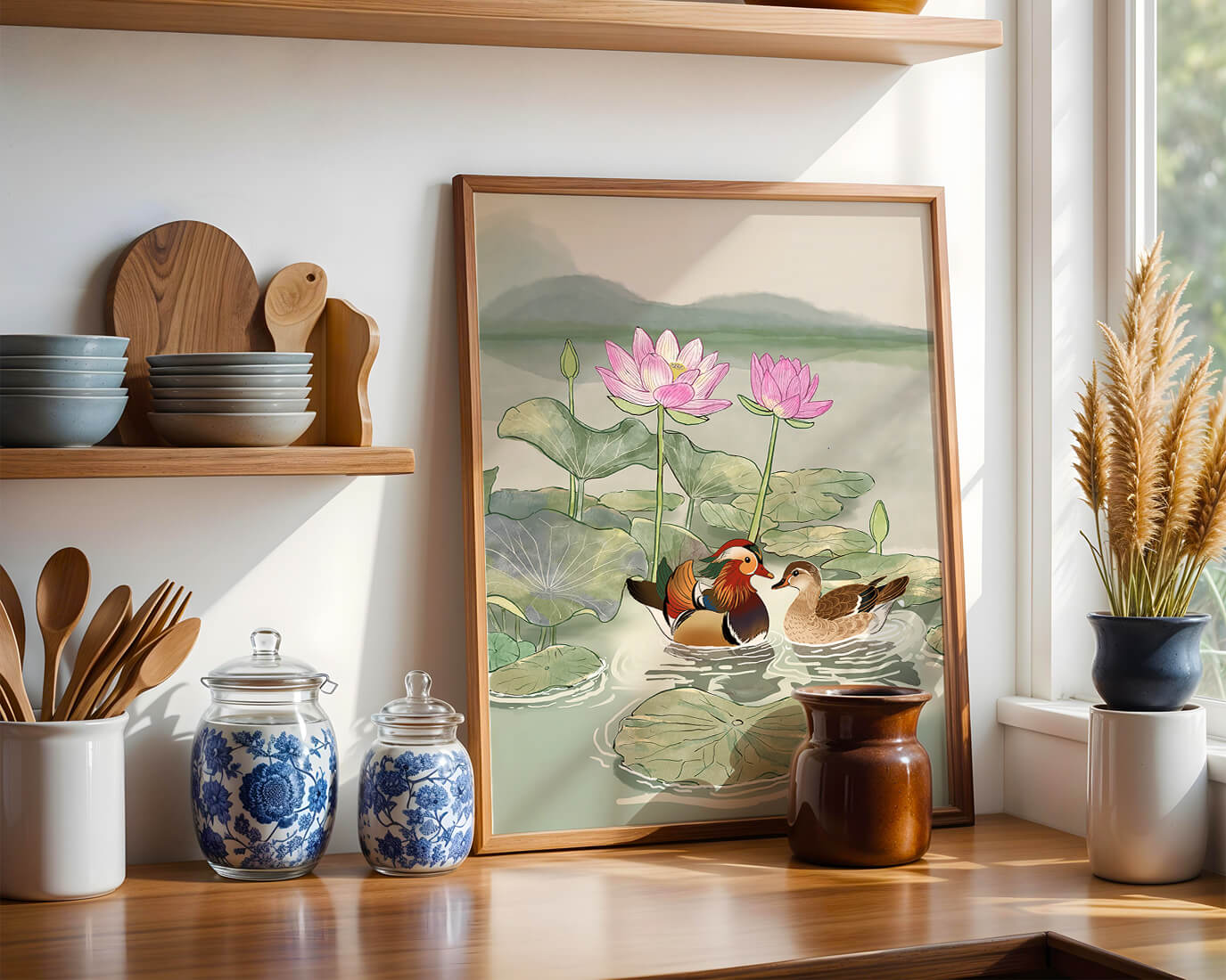 Patos mandarines y flores de loto en un estanque tranquilo