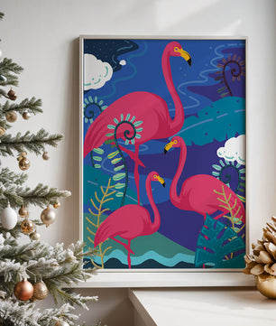 Colorful illustration of flamingos in a tropical setting