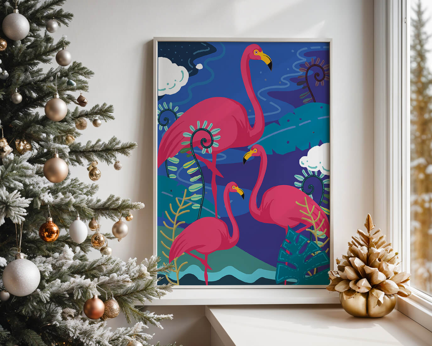 Colorful illustration of flamingos in a tropical setting