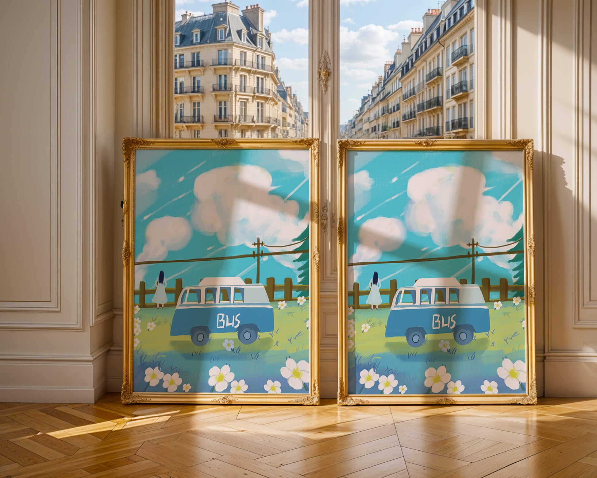 Ilustración escénica con autobús azul y prado en flor