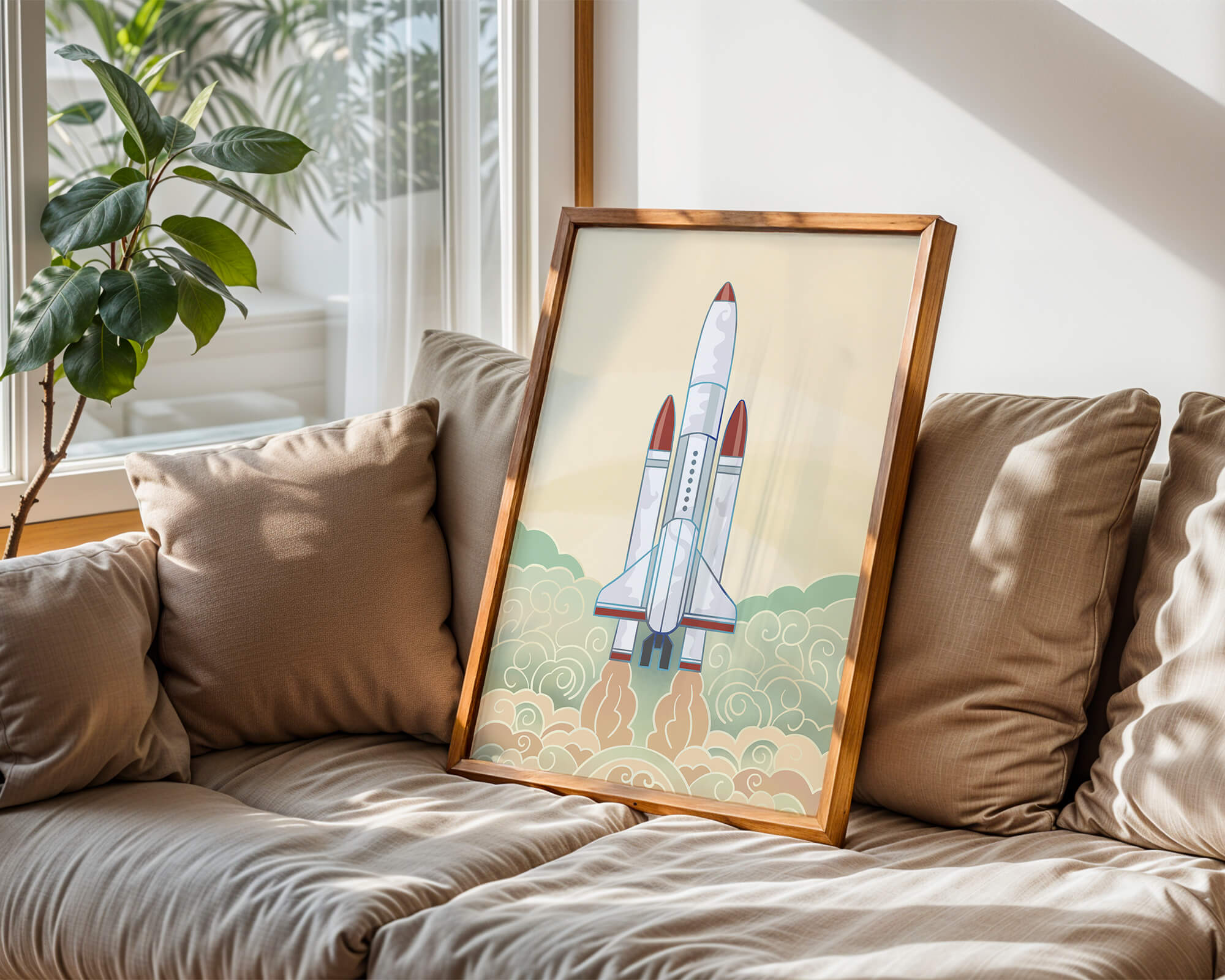 Colorful rocket launch from vintage-style clouds