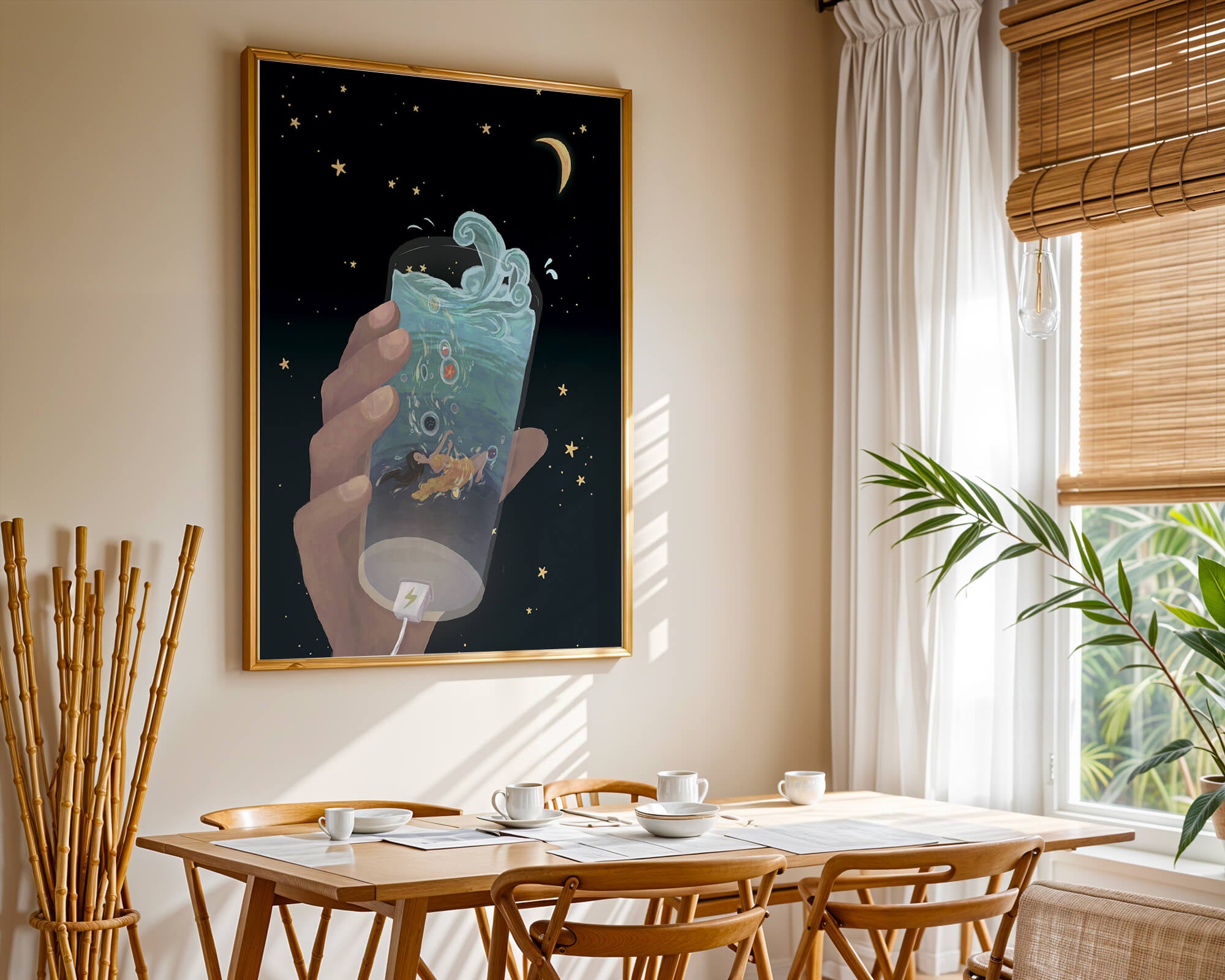 Abstract night sky scene with hand holding a glass of swirling water