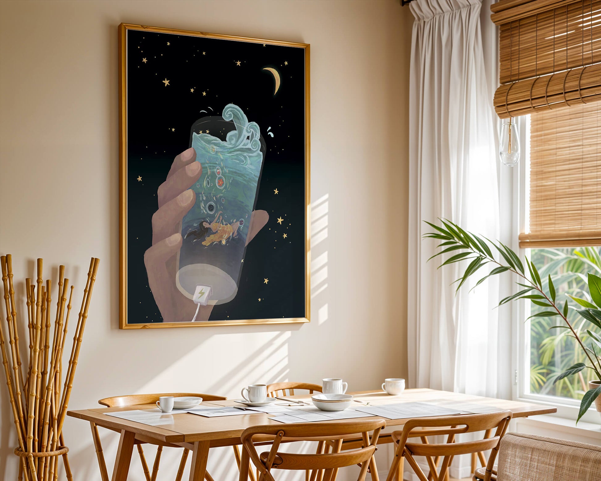 Abstract night sky scene with hand holding a glass of swirling water