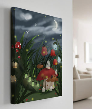 Enchanted night scene with glowing mushrooms and moonlit sky