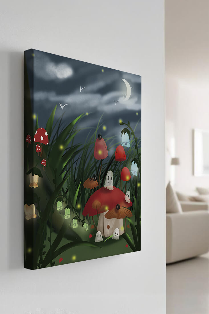 Enchanted night scene with glowing mushrooms and moonlit sky